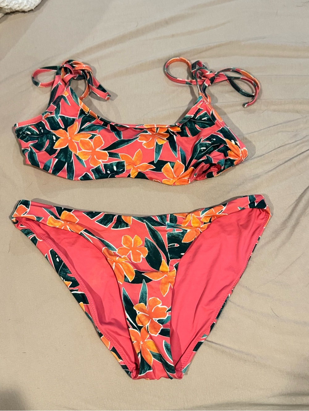 Marine Layer - Coral Floral Tie-Shoulder Bikini Set